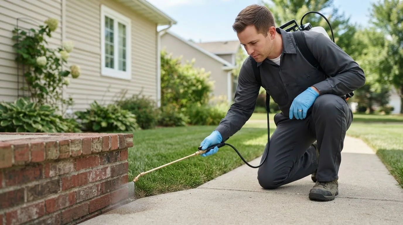 Pest control technician treating a home near Nelson, NE