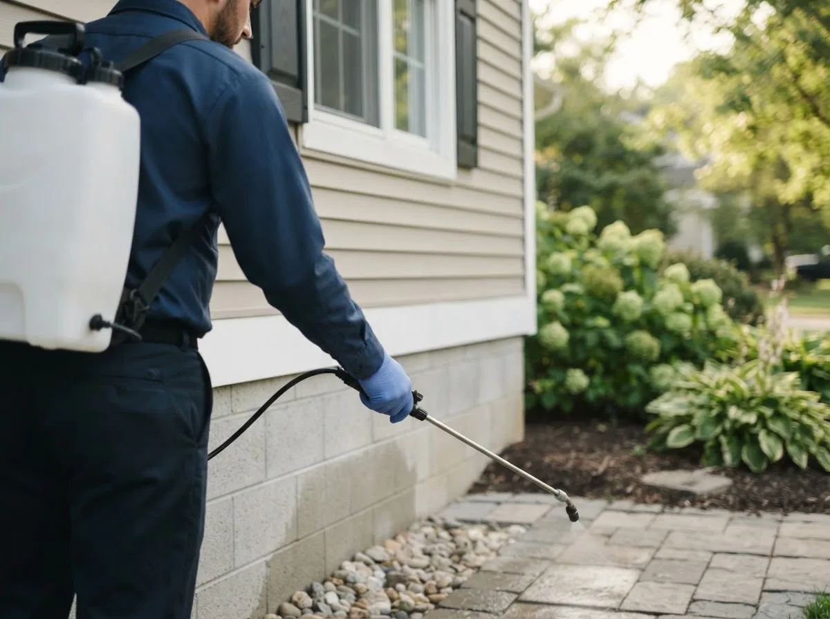 Pest control technician inspecting a home in Nelson, NE